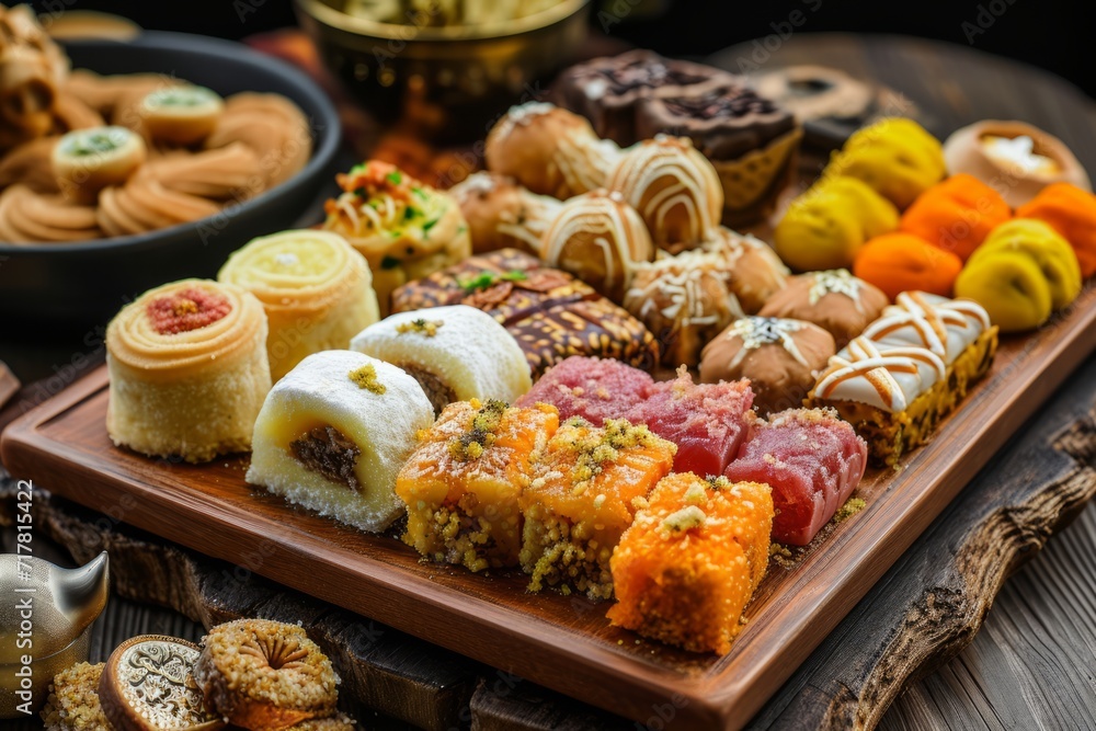 Ramadan food made from assorted middle eastern sweets maamoul, basbousa, awameh. Concept of celebration traditional arabic Eid al Adha, Eid al Fitr 