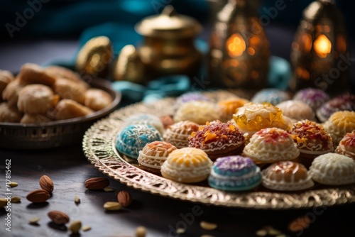 Ramadan food made from assorted middle eastern sweets maamoul, basbousa, awameh. Concept of celebration traditional arabic Eid al Adha, Eid al Fitr  photo