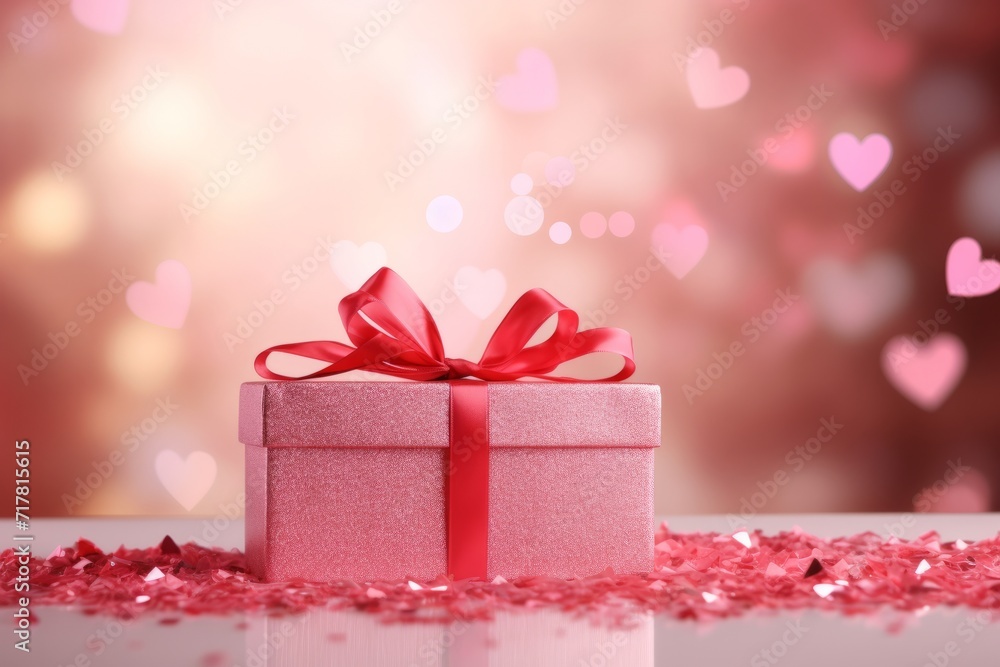 Pink gift box on a pink table with falling heart shaped confetti. Celebrating valentine's day, wedding, anniversary or birthday, love Pink gift box on a pink table with falling heart shaped confetti. Celebrating valentine's day, wedding, anniversary or birthday, love