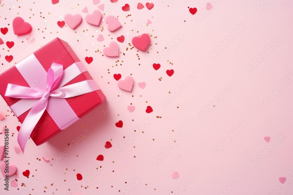 Pink gift box on a pink table with confetti in the form of hearts. Celebrating valentine's day, wedding, anniversary or birthday, love, flatlay layout, top view Pink gift box on a pink table with confetti in the form of hearts. Celebrating valentine's day, wedding, anniversary or birthday, love, flatlay layout, top view