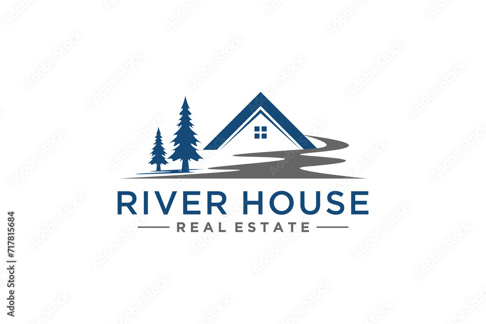 House logo residential business property, pine tree and river lake illustration.