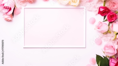 Banner with frame with pink flowers, space for text on light background top view. Greeting card with flowers for Women's Day, Valentine's Day, birthday, birth of children, wedding, anniversary © Galina_R
