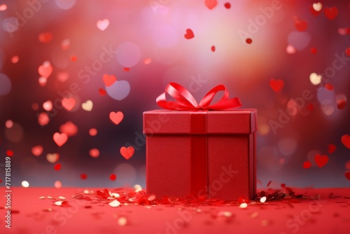 Red gift box on a red table with falling heart shaped confetti. Celebrating valentine's day, wedding, anniversary or birthday, love © Tatiana