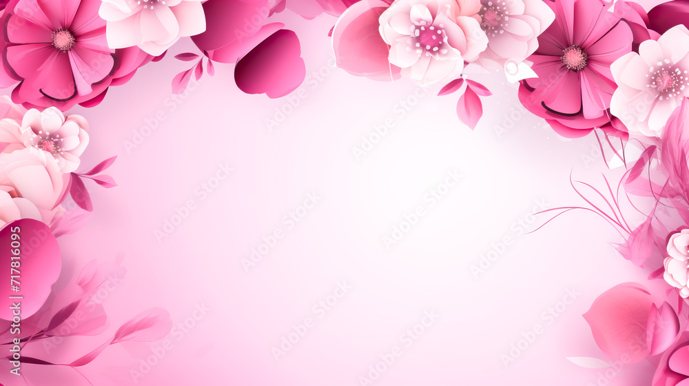 Banner with frame with pink flowers, space for text on light background top view. Greeting card with flowers for Women's Day, Valentine's Day, birthday, birth of children, wedding, anniversary Banner with frame with pink flowers, space for text on light background top view. Greeting card with flowers for Women's Day, Valentine's Day, birthday, birth of children, wedding, anniversary