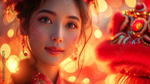 Red Hot December: A Glowing, Eye-Catching Portrait of a Beautiful Asian Woman Generative AI