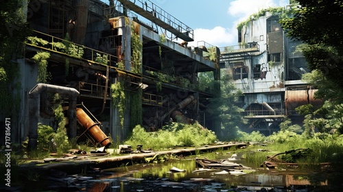 The quiet resurgence of nature adorns an abandoned. Rusty, reclaimed by nature, derelict, overgrown, abandoned structure. Generated by AI.