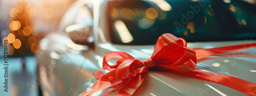 red car with a bow gift. Selective focus.