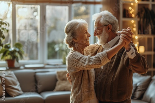 Romantic senior family couple wife and husband dancing to music together in living room.high quality & high resolution.