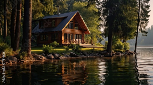 Serene lakeside retreat framed by majestic pine trees. Peaceful waterside cabin, tall pines, secluded forest haven. Generated by AI.