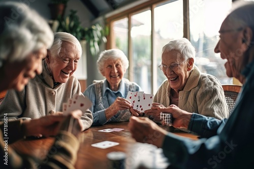 Joyful group of seniors playing cards and sharing laughter in a retirement nursing home, camaraderie and enjoyment create a warm and lively atmosphere in the community living space, Generative AI photo