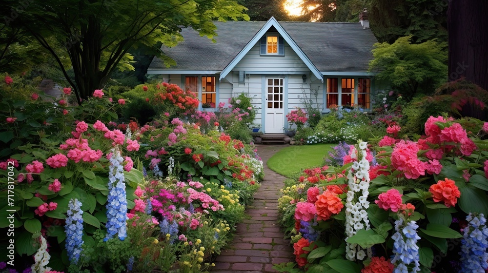 Vibrant, cottage garden, blooming flowers, profusion, colorful, floral abundance, charming, blossoming. Generated by AI.