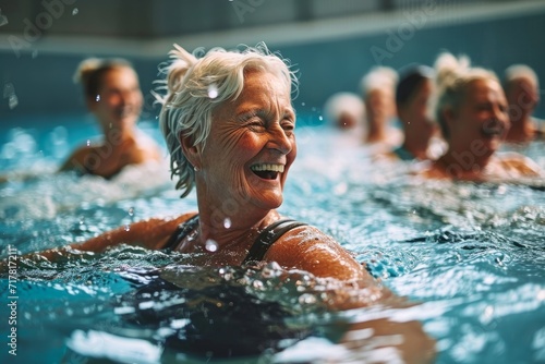 Active senior women enjoying aqua fit class in a pool, displaying joy and camaraderie, embodying a healthy, retired lifestyle, Generative AI