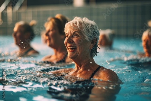 Active senior women enjoying aqua fit class in a pool, displaying joy and camaraderie, embodying a healthy, retired lifestyle, Generative AI © Imagery Innovators