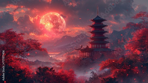 Red Moon Rising: A Glowing Nighttime Scene with a Chinese Temple and a Full Moon Generative AI