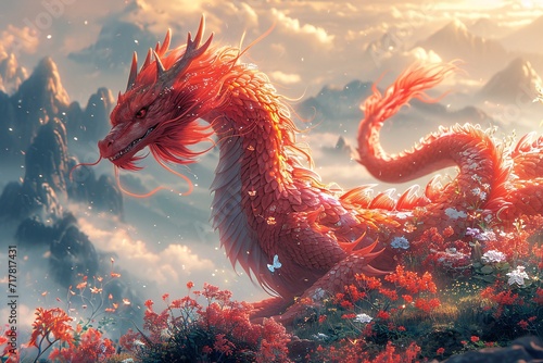 Red Dragon in a Field of Flowers: A Celebration of the Lunar New Year Generative AI photo