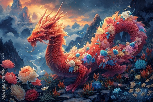 Dragon Flower Power: A Fantasy Artwork of a Red Dragon with Flower Petals Generative AI