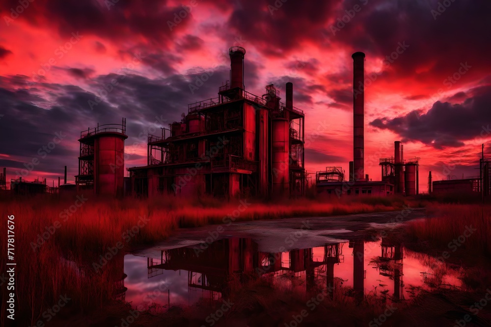  Abandoned industrial complex under a blood-red sky at dusk