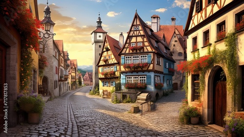 Charming village adorned with cobblestone streets. Quaint streetscape  historic charm  old-world ambiance. Generated by AI.