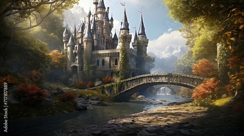 Majestic turrets, dreamy fairytale castle, secretive drawbridges, hidden secrets, magical charm, mysterious. Generated by AI.