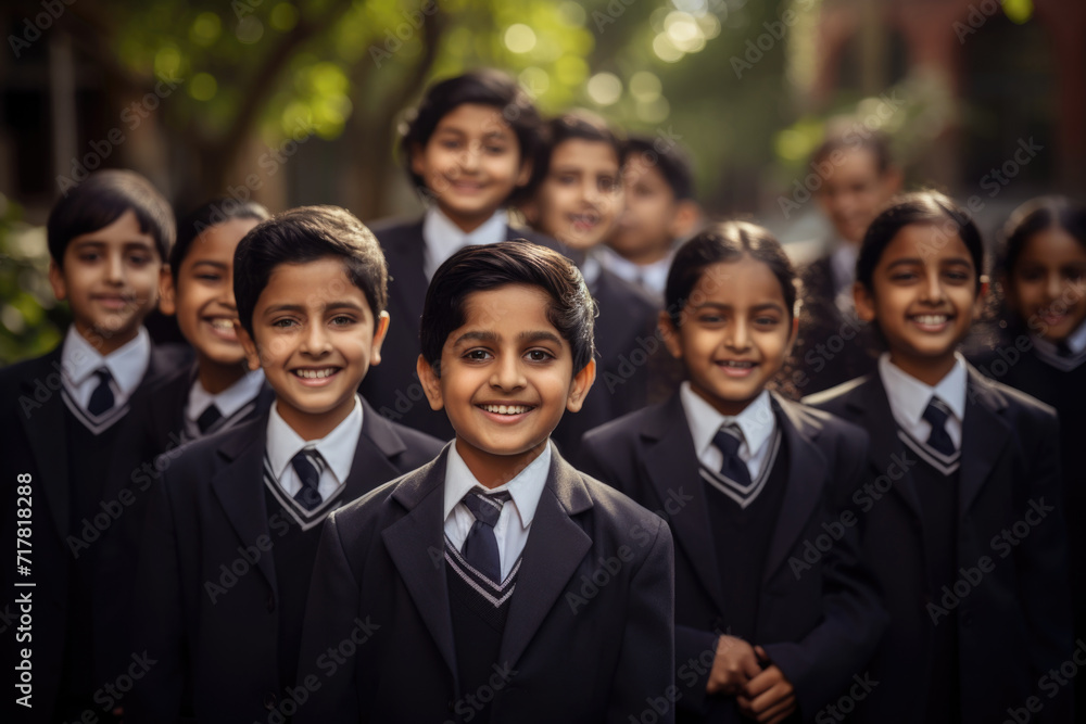 A group of smiling Indian school students wearing uniforms A group of smiling Indian school students wearing uniforms