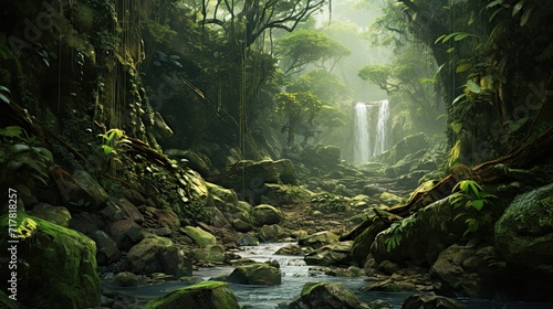 Dense foliage thrives in this lush rainforest's vibrant ecosystem. Bountiful greenery, tropical flora, rich biodiversity, verdant wilderness, natural abundance. Generated by AI. © Anastasia