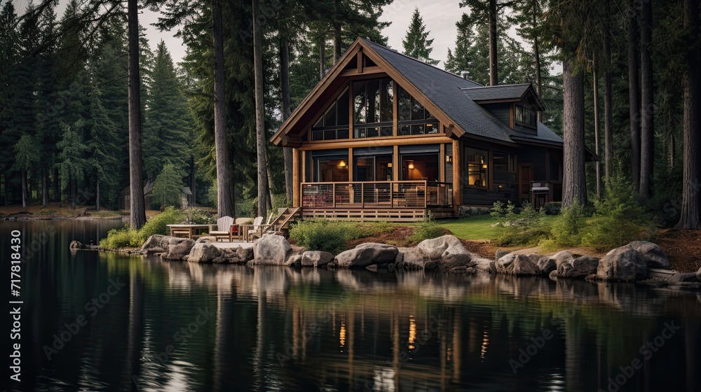 Quiet lakeside cabin embraced by tall, serene pine trees. Calm waterside retreat, peaceful forest enclave, secluded haven. Generated by AI.