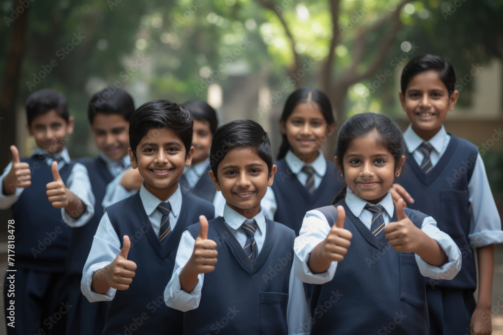 A group of smiling school students wearing uniforms showing thumbs up gesture A group of smiling school students wearing uniforms showing thumbs up gesture