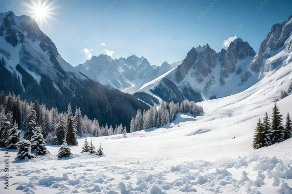Snow-covered alpine meadow surrounded by towering mountains