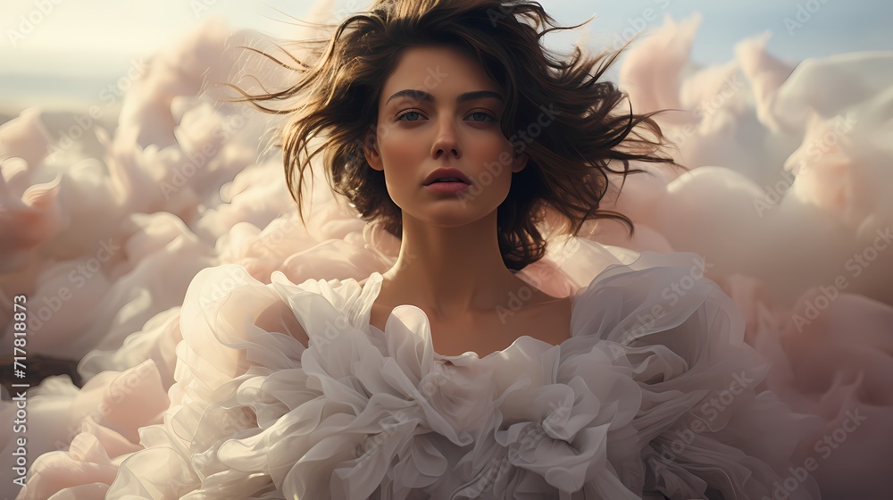 An atmospheric shot featuring a model in a billowing white dress against a backdrop of soft pastel clouds, evoking a dreamy and surreal ambiance - obrazy, fototapety, plakaty 