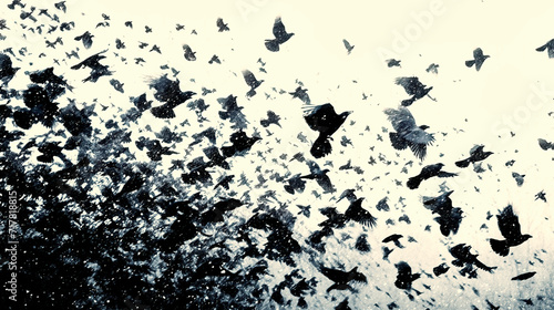 Abstract graphic representation of a flock of crows and ravens flying from a dark corner into the bright sky photo