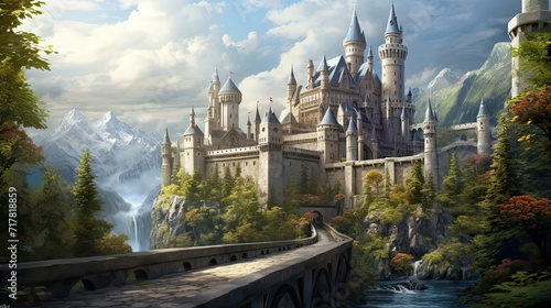 Dreamy fairytale castle, ornate turrets, secretive drawbridges, mystical secrets, enchanting tapestry, fantasy. Generated by AI. photo