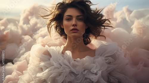 An atmospheric shot featuring a model in a billowing white dress against a backdrop of soft pastel clouds, evoking a dreamy and surreal ambiance photo