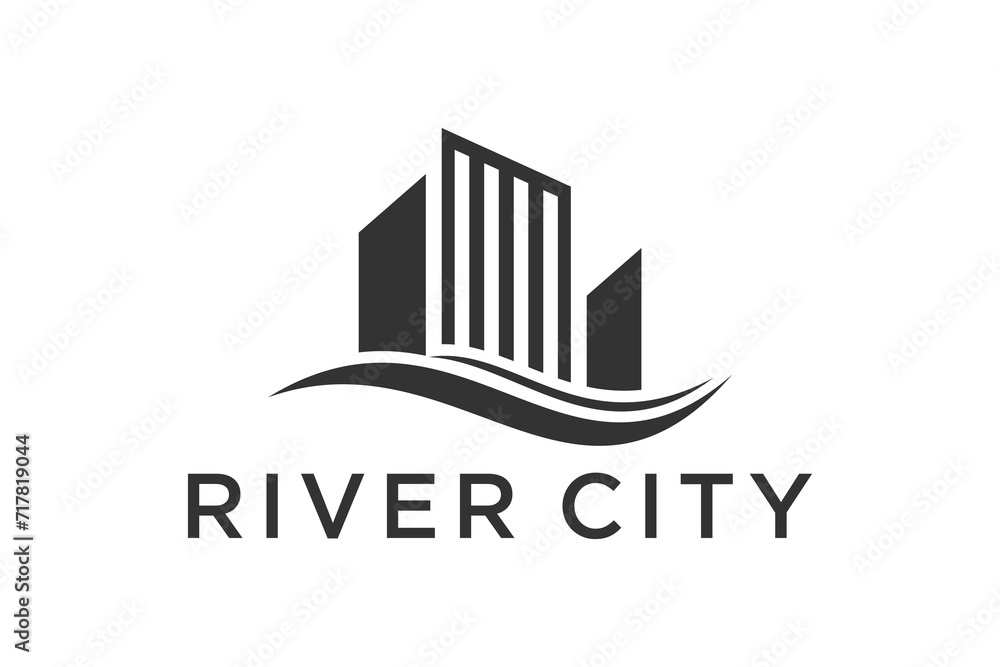 Building with river lake water, business property house logo design, real estate icon symbol.