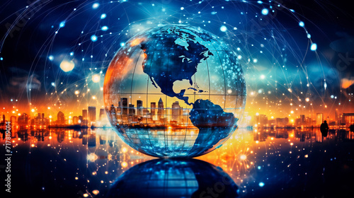 Transparent globe with interconnected lines and glowing nodes against a nighttime cityscape  conceptual illustration of a connected world