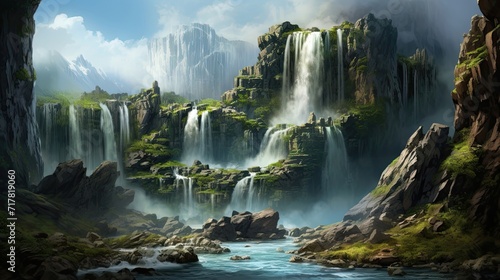 Cascading waterfall descends gracefully down a rugged cliff. Scenic beauty  rugged terrain  natural wonder  picturesque landscape  mesmerizing cascade. Generated by AI.