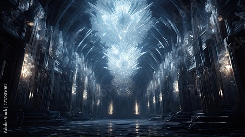 Cavernous, chamber, shimmering crystals, bedecked walls, mesmerizing, enchanting, radiant, ethereal, breathtaking, natural wonder. Generated by AI.