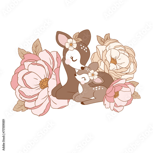 Cute vintage deer mom and baby fawn with pink peony bouquet. Hand drawn vector illustration. Perfect for tee summer t-shirt logo design, greeting card, poster, invitation or nursery print.