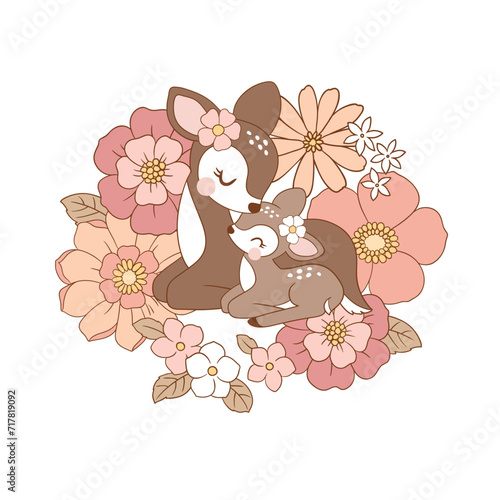 Cute vintage deer mom and baby fawn with pink peony bouquet. Hand drawn vector illustration. Perfect for tee summer t-shirt logo design, greeting card, poster, invitation or nursery print.