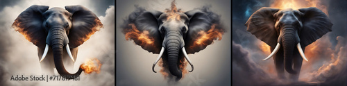 Set of three elephant head surrounded by fire and smoke.