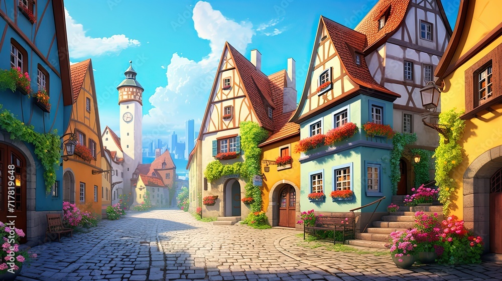 A picturesque settlement with cobblestone streets. Charming streetscape, historic village charm, picturesque pathways. Generated by AI. - obrazy, fototapety, plakaty 