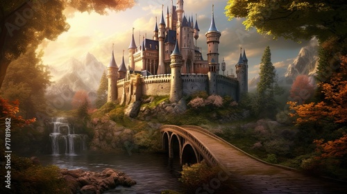 Wallpaper Mural Enchanting, fairytale castle, majestic turrets, secretive drawbridges, hidden mysteries, whimsical allure. Generated by AI. Torontodigital.ca