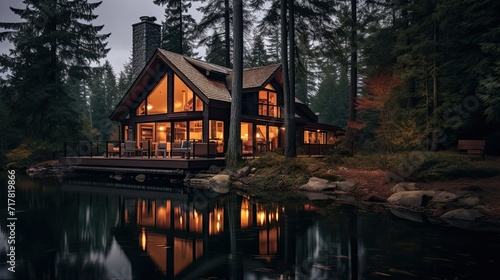 Tranquil lakeside chalet embraced by tall, peaceful pines. Serene waterside getaway, secluded forest cabin, tranquil oasis. Generated by AI. © Anastasia