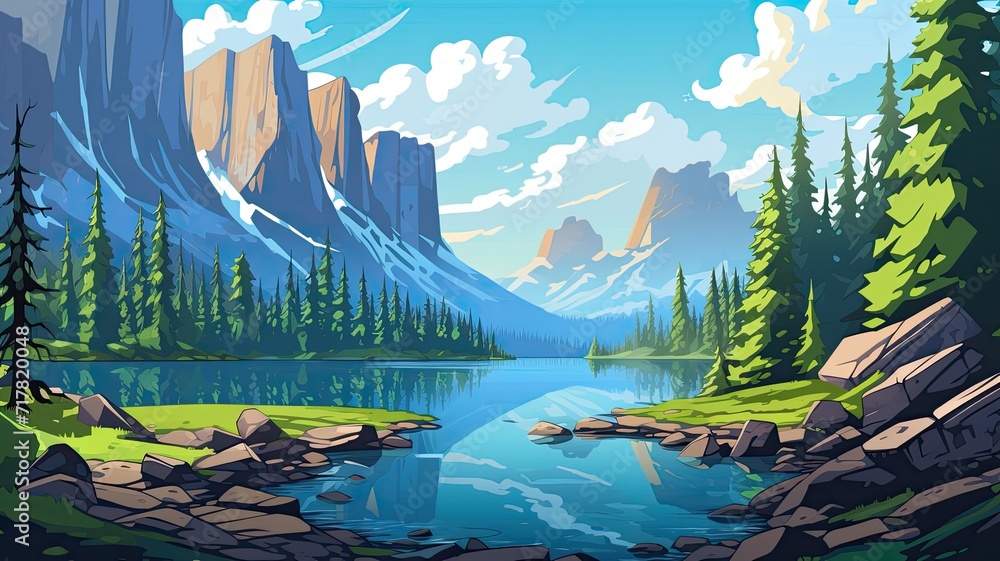 cartoon illustration of mountain ranges, pristine lakes, and glaciers ...