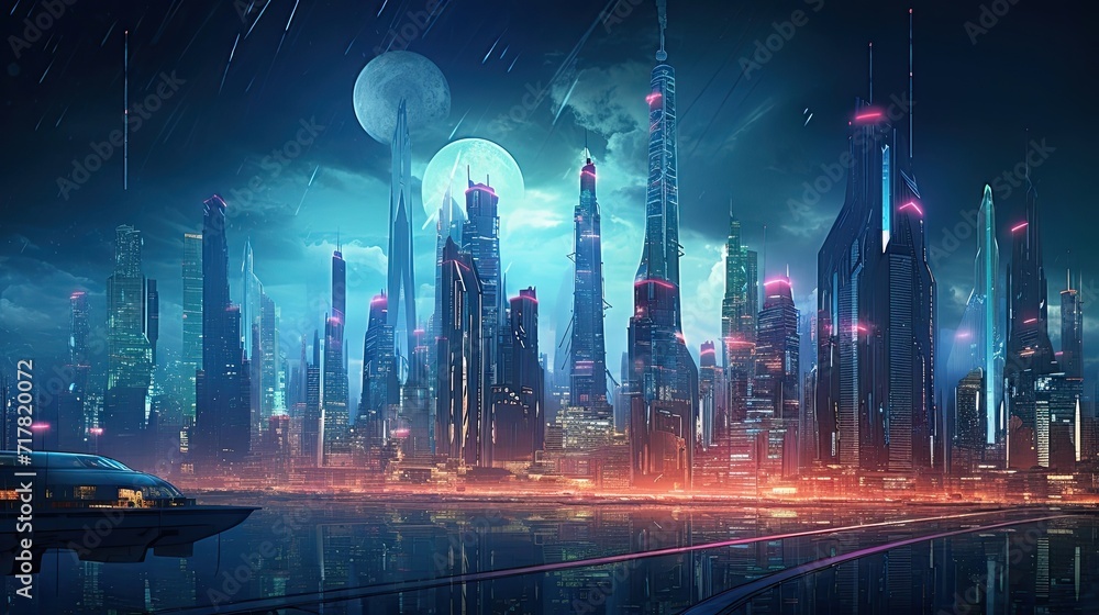 Futuristic, vibrant, urban dystopia, neon-lit towers, cyberpunk aesthetics, technological, dystopian ambiance. Generated by AI.