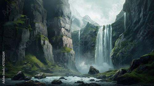 Graceful waterfall flows down a rocky cliffside. Serene cascade, rugged backdrop, natural beauty, picturesque scenery, mesmerizing flow. Generated by AI.