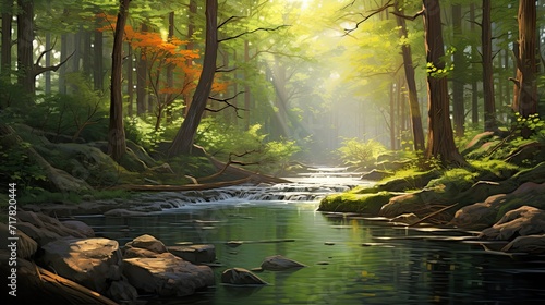 Quiet river meandering through a sun-drenched  peaceful forest. Calm waterway  tranquil woodland  sunlit serenity. Generated by AI.