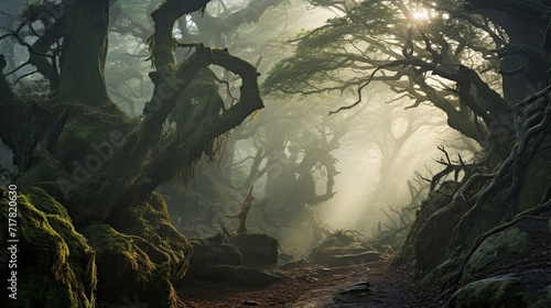 Otherworldly charm, fog-laden grove, age-old forest, twisted limbs, mystical aura. Generated by AI. © Anastasia