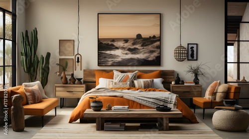 Fusion of global influences, patterns, and textures, creating an urban nomad-inspired bedroom for a well-traveled soul.