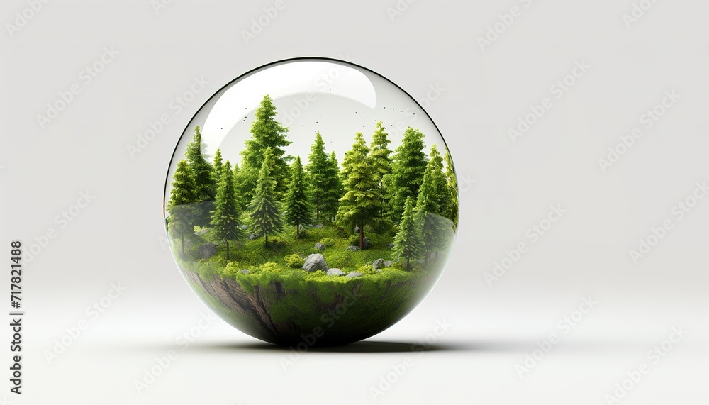 Tiny forest in a glass globe, bright future nature, white background.