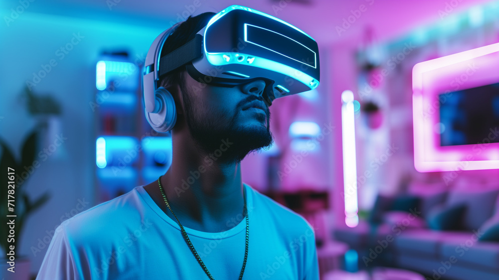 Man with a VR system on his head in a living room decorated in a futuristic style, ai generative Man with a VR system on his head in a living room decorated in a futuristic style, ai generative